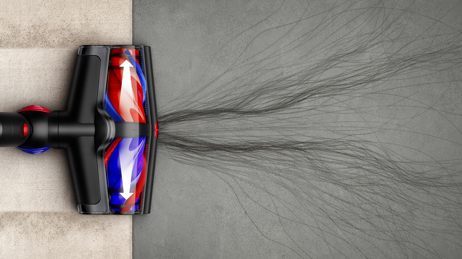 The All Floor Cones Sense cleaner head detangles hair between a hard floor and a carpet.